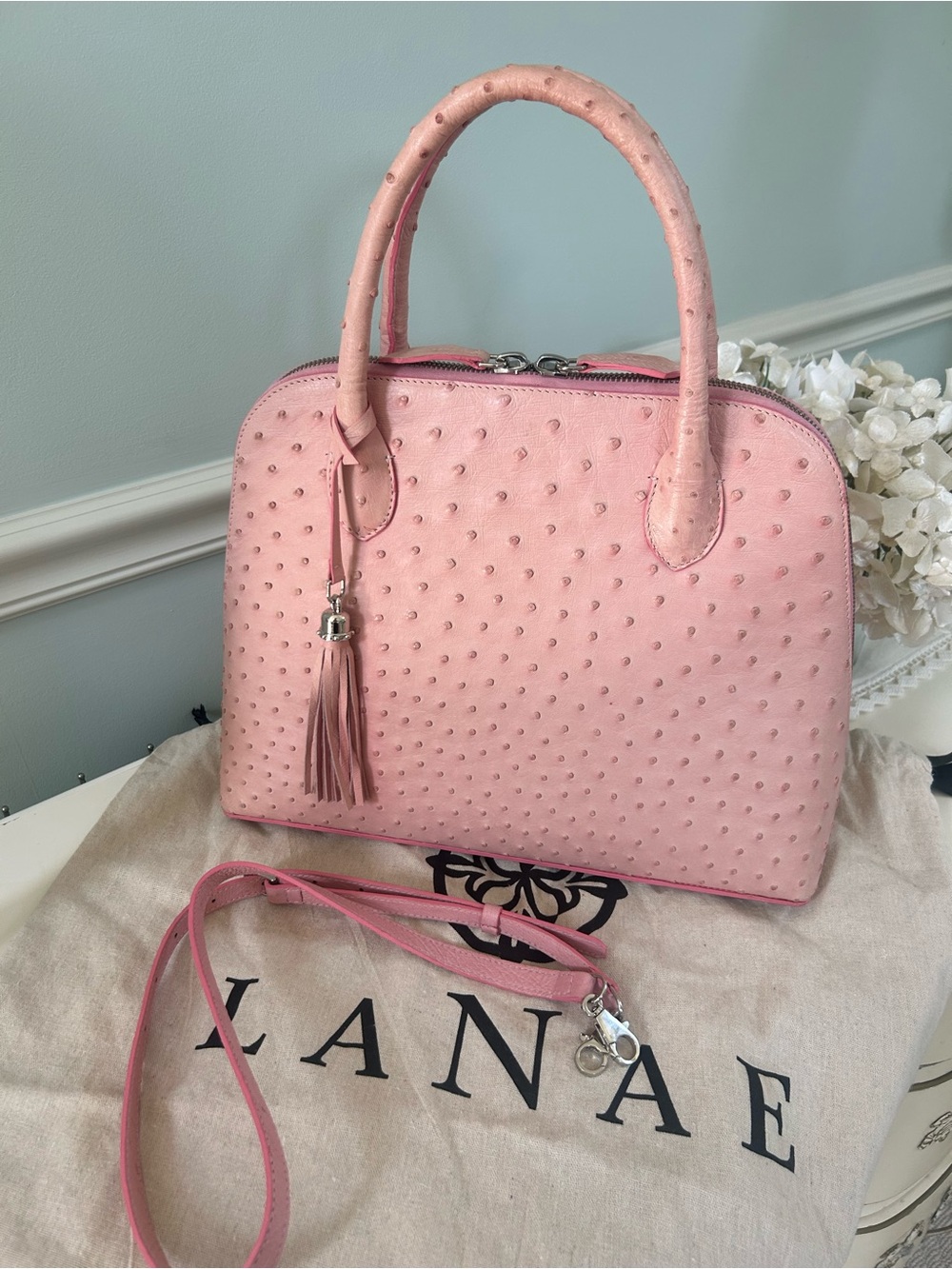 Pink Genuine Ostrich Leather LaNae Exotic  Satchel Tassel and Crossbody Strap